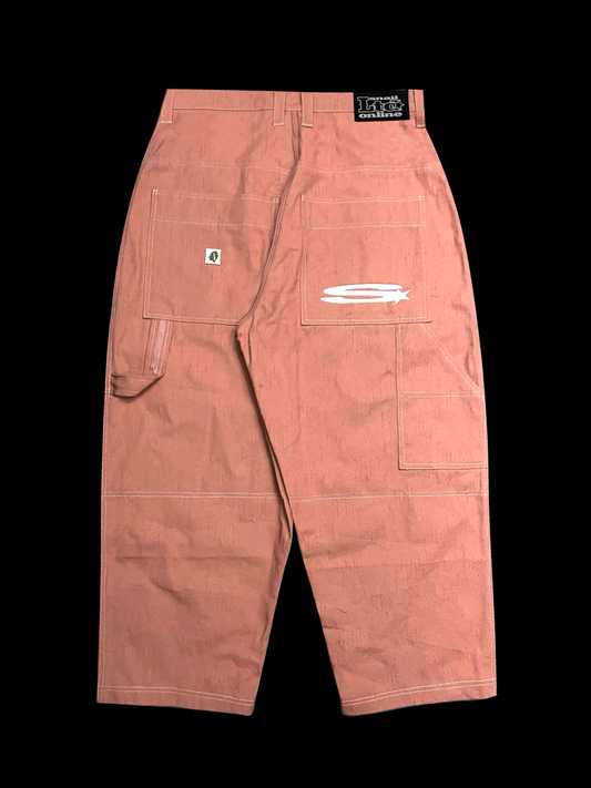 DISTRESSED PINK DENIM DOUBLE KNEE PANTS