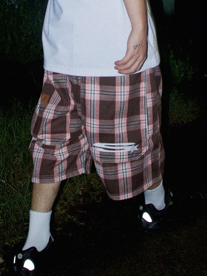 ICE CREAM PINK PLAID  LONG SHORTS