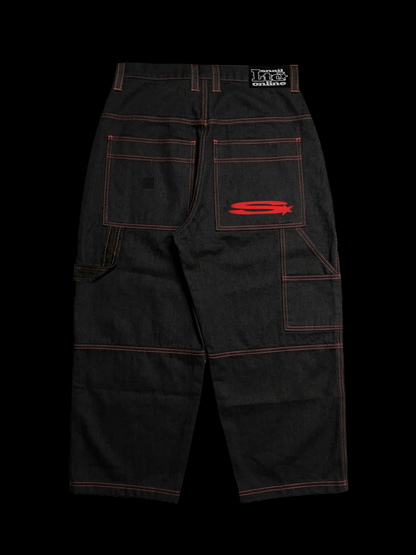 DENIM BLACK DOUBLE KNEE PANTS