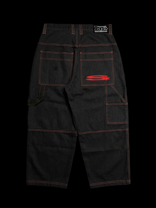 DENIM BLACK DOUBLE KNEE PANTS
