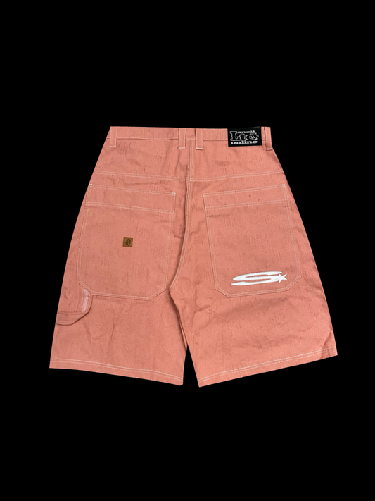 DISTRESSED PINK DENIM LONG SHORTS