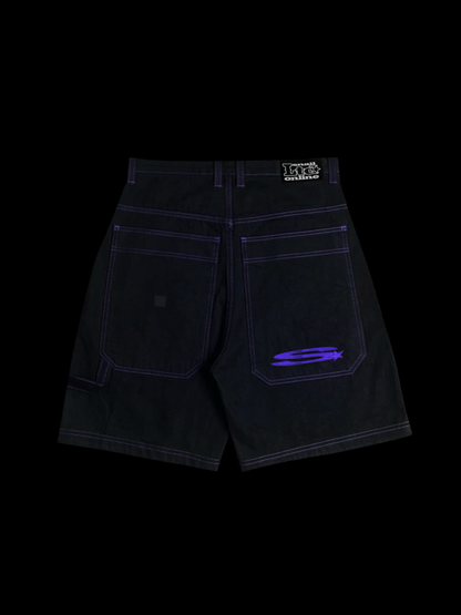 BLACK SHINY DENIM LONG SHORTS