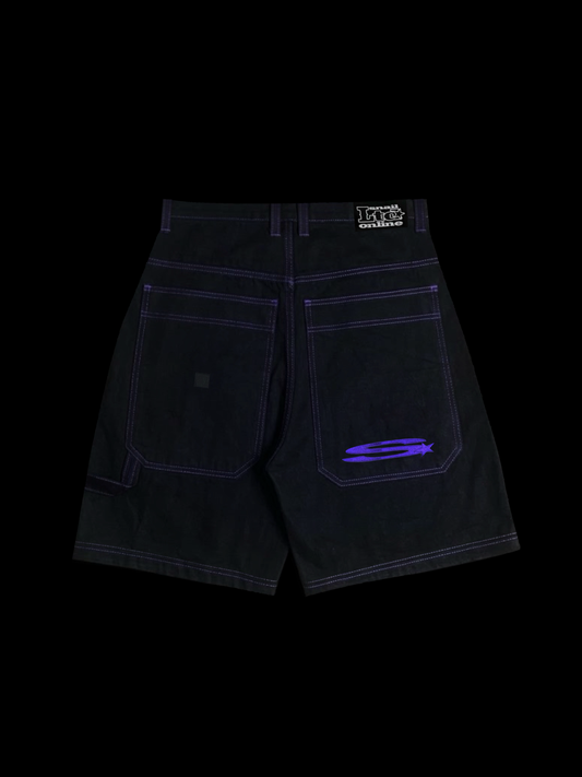 BLACK SHINY DENIM LONG SHORTS